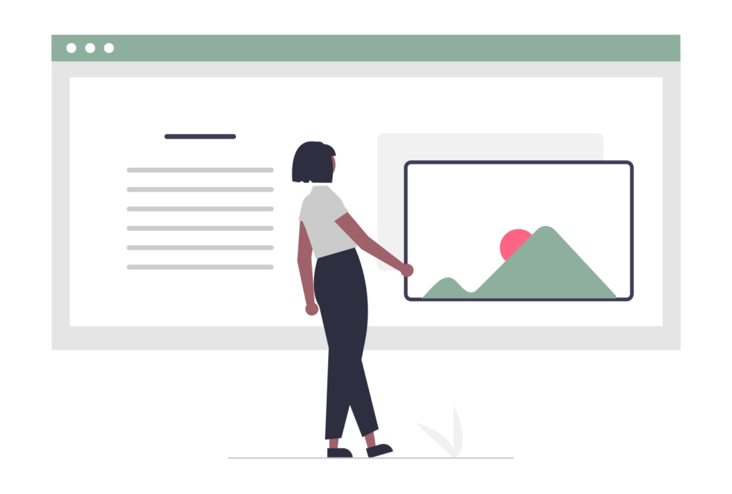 Woman standing confidently in front of a website design mockup, representing professional web design services.